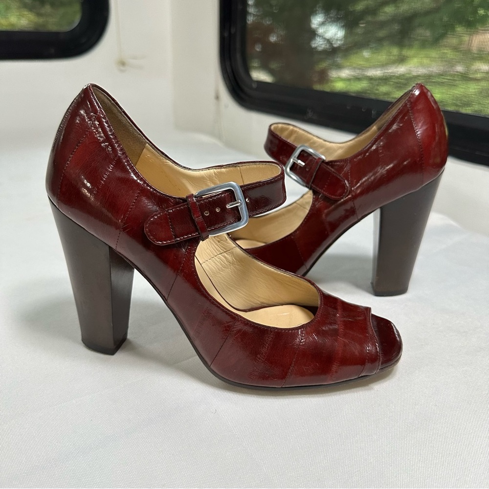 COLE HAAN Burgundy Mary Jane block heel peep toe pump Sz 6.5 Create an Account